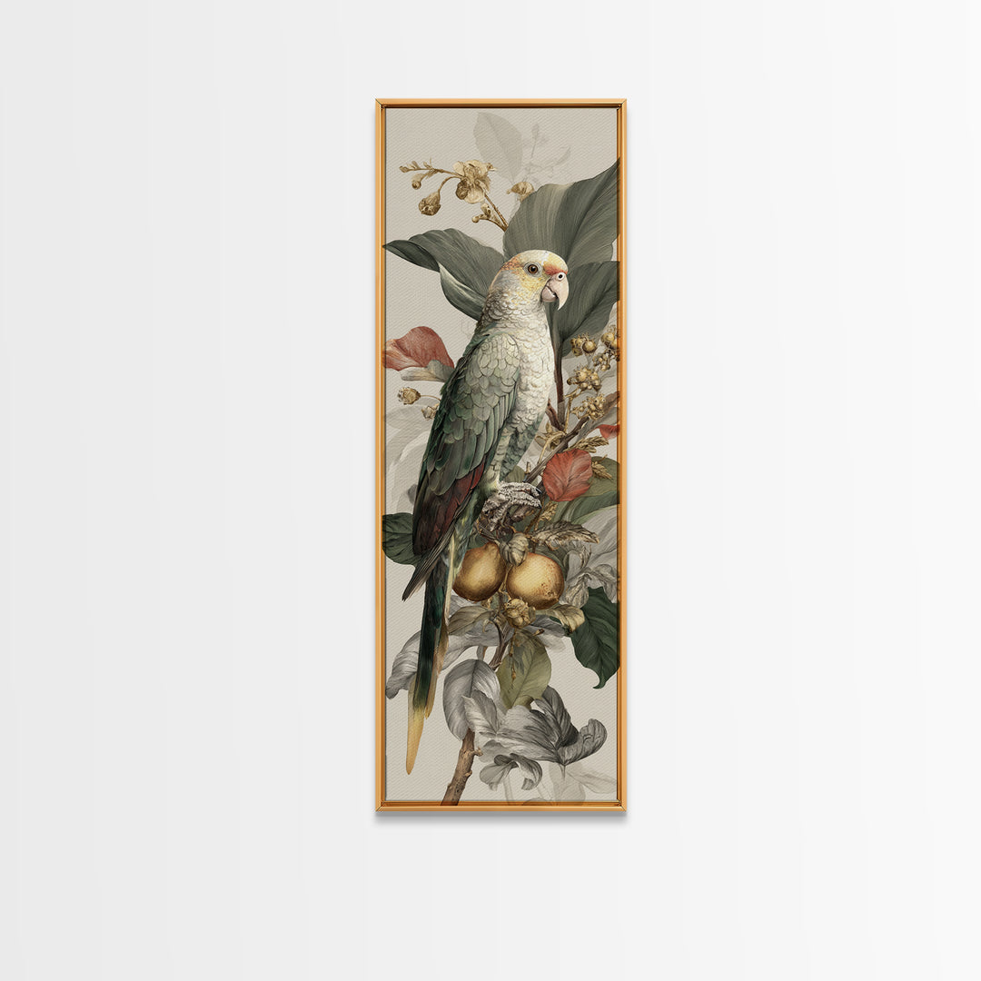 Parrot Among Tropical Leaves and Fruit Canvas Print, Bird Art, Living Room Art, Living Room Decor, Watercolor Art, Flight, BIR-1x3-1
