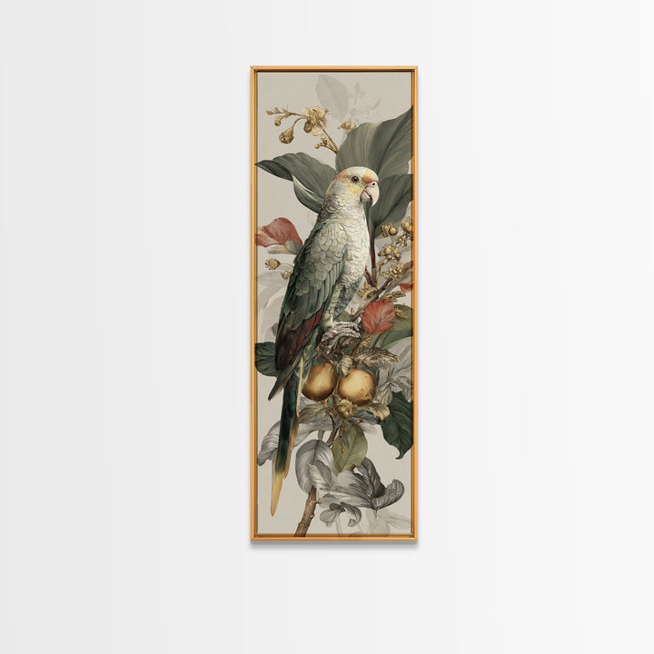 Parrot Among Tropical Leaves and Fruit Canvas Print, Bird Art, Living Room Art, Living Room Decor, Watercolor Art, Flight, BIR-1x3-1