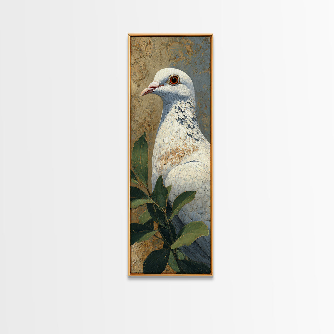 White Dove with Olive Branch and Calm Canvas Print, Bird Art, Gallery Wall, Living Room Decor, Oil Painting, Flight, BIR-1x3-100