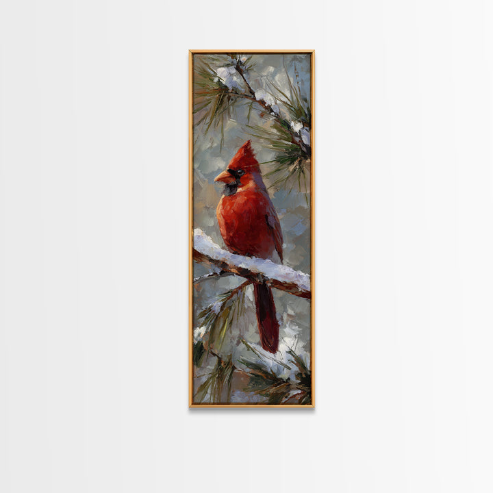 Red Cardinal on Snowy Pine Branch Canvas Print, Bird Art, Statement Artwork, Living Room Decor, Oil Painting, Flight, BIR-1x3-13
