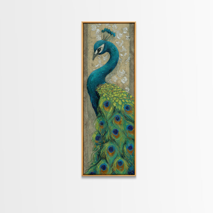 Peacock with Jewel Tone Feather Pattern Framed Canvas Print, Bird Art, Wall Decor, Living Room Decor, Fine Art, Flight, BIR-1x3-19