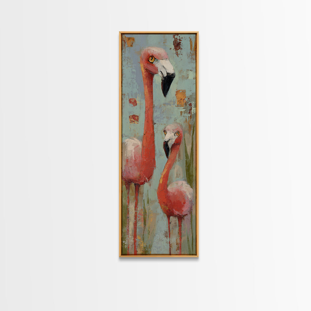 Flamingo Pair in Coral Water Reflections Canvas Print, Bird Art, Digital Download Art, Living Room Decor, Fine Art, Flight, BIR-1x3-22