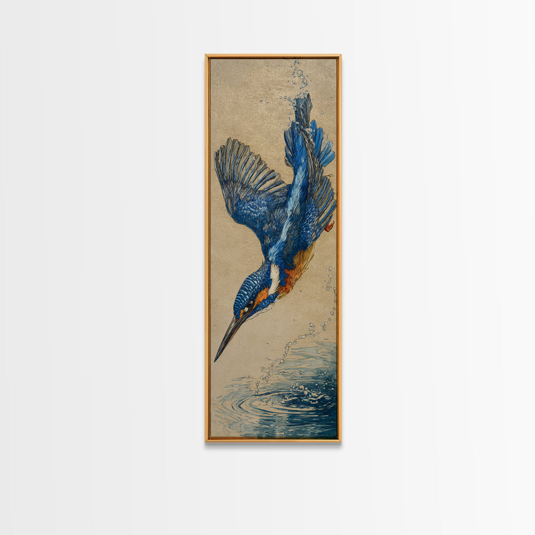 Kingfisher Diving Toward Blue Water Canvas Print, Bird Art, Digital Prints, Living Room Decor, Fine Art, Flight, Modern Art, BIR-1x3-23