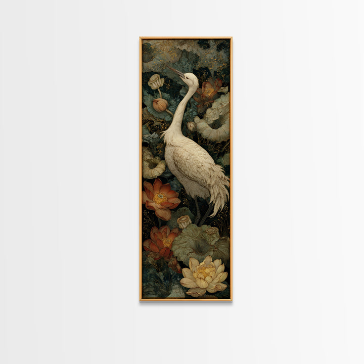 Crane and Lotus Composition Framed Canvas Print, Bird Art, Modern Decor, Living Room Decor, Fine Art, Flight, Home Decor, BIR-1x3-29