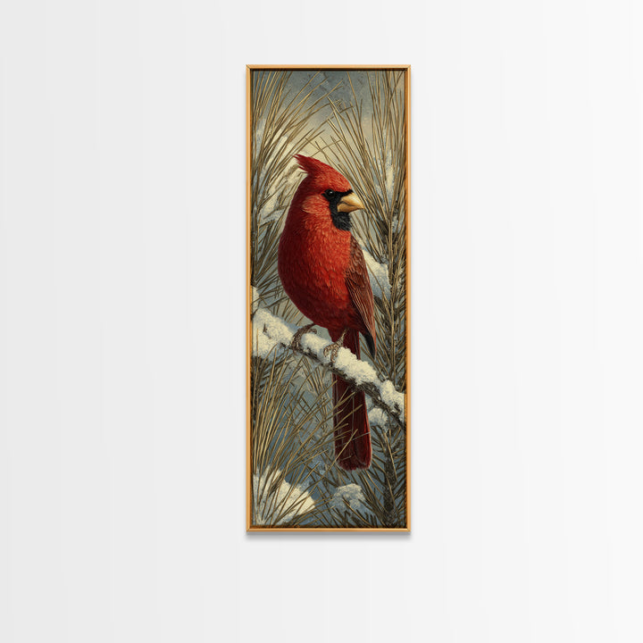 Red Cardinal on Snowy Pine Branch Canvas Print, Bird Art, Statement Artwork, Living Room Decor, Oil Painting, Flight, BIR-1x3-37