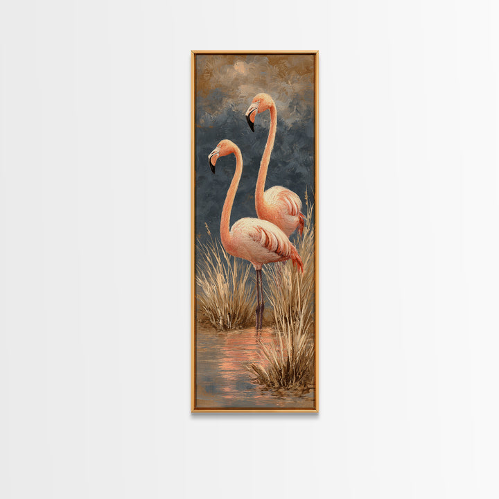 Flamingo Pair in Coral Water Reflections Framed Canvas Print, Bird Art, Rustic Home Decor, Living Room Decor, Fine Art, Flight, BIR-1x3-46