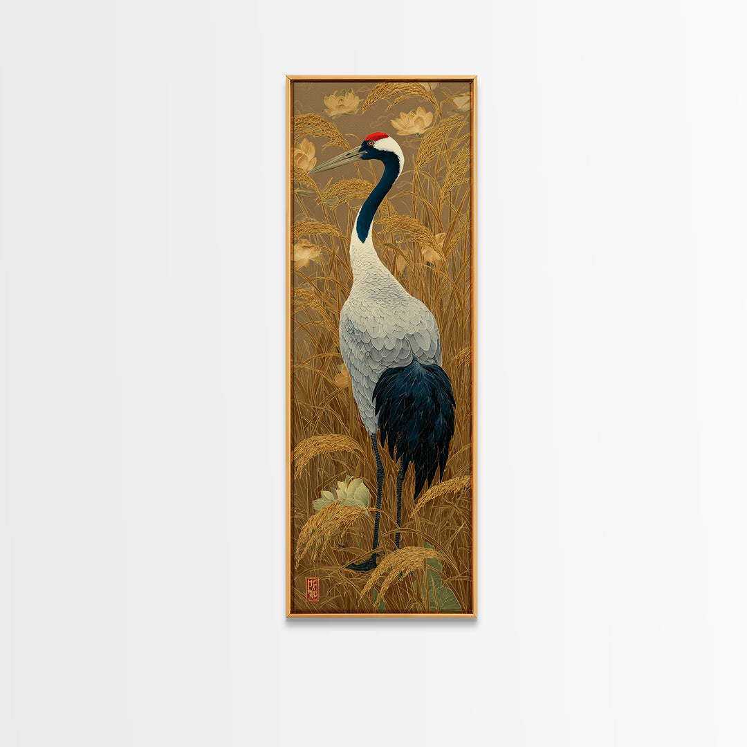 Crane and Lotus Composition Canvas Print, Bird Art, Nature Wall Art, Living Room Decor, Fine Art, Flight, Textured Painting, BIR-1x3-5
