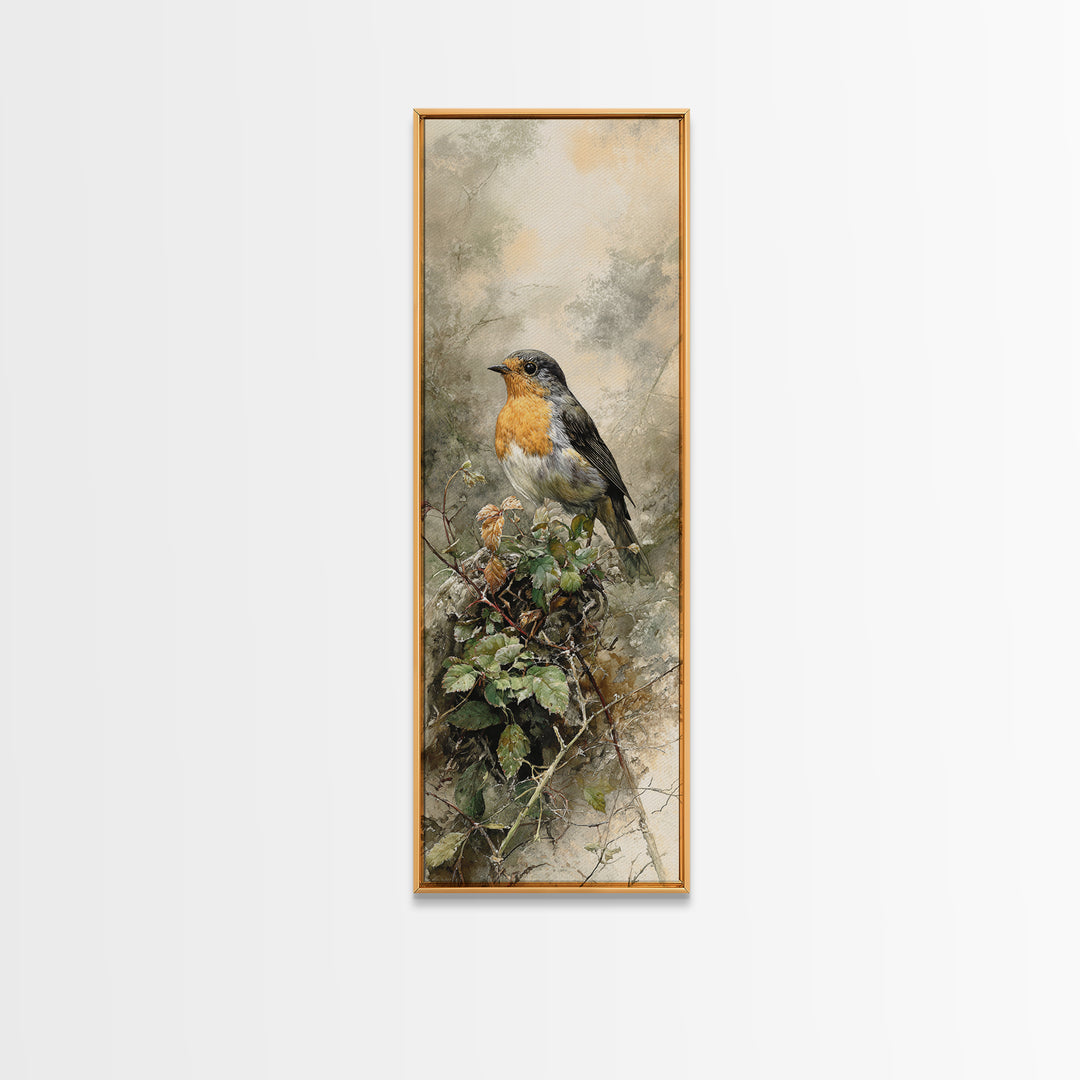 Robin in a Spring Garden with Soft Canvas Print, Bird Art, Living Room Decor, Fine Art, Flight, Rustic Home Decor, Floral Art, BIR-1x3-51