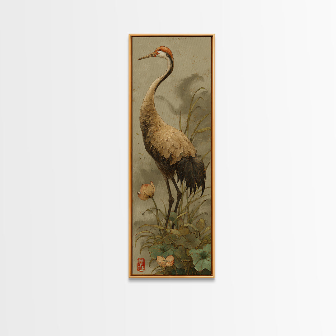 Crane and Lotus Composition Framed Canvas Print, Bird Art, Modern Decor, Living Room Decor, Fine Art, Flight, Home Decor, BIR-1x3-53