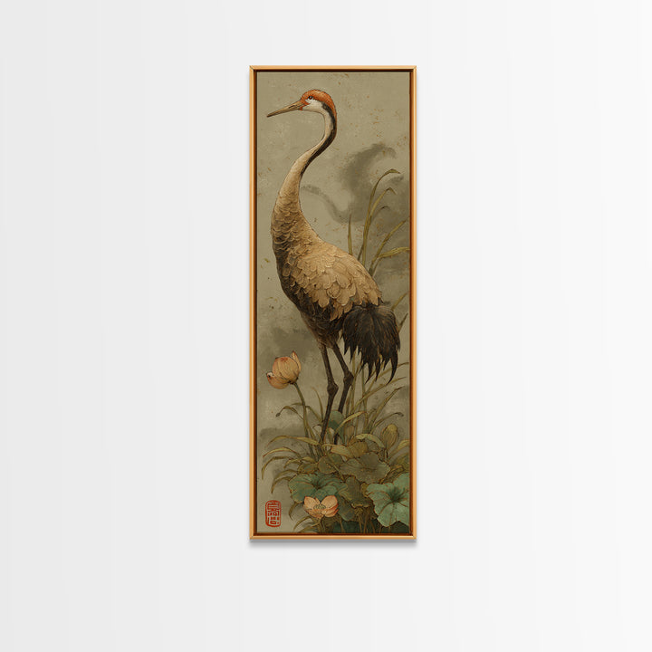 Crane and Lotus Composition Framed Canvas Print, Bird Art, Modern Decor, Living Room Decor, Fine Art, Flight, Home Decor, BIR-1x3-53
