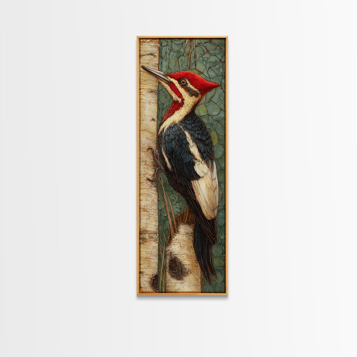 Woodpecker on Birch Bark Texture Canvas Print, Bird Art, Fine Art Print, Living Room Decor, Abstract Art, Flight, Wall Decor, BIR-1x3-57