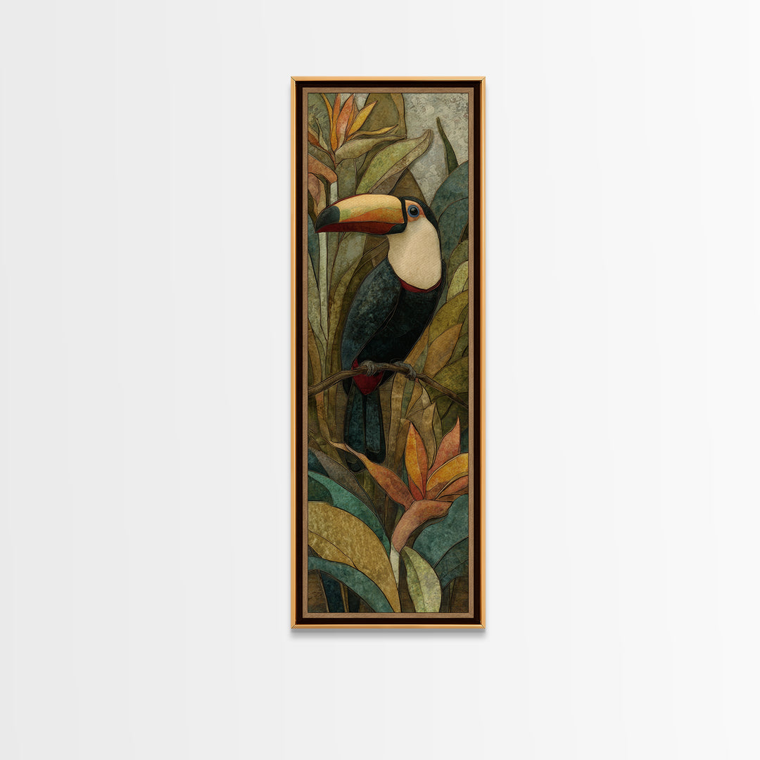 Toucan Framed by Bold Jungle Foliage Canvas Print, Bird Art, Watercolor Painting, Living Room Decor, Fine Art, Flight, BIR-1x3-59