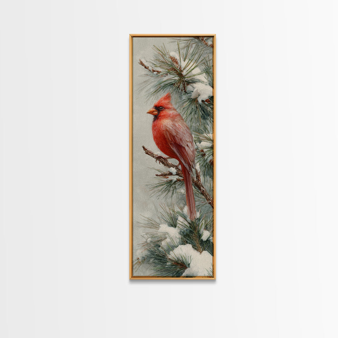 Red Cardinal on Snowy Pine Branch Framed Canvas Print, Bird Art, Textured Painting, Living Room Decor, Watercolor Art, Flight, BIR-1x3-61