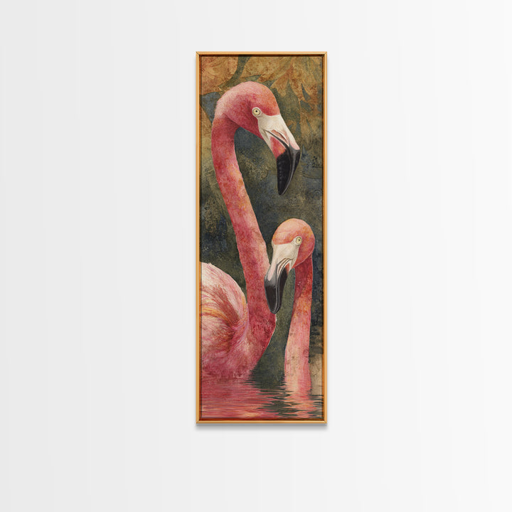 Flamingo Pair in Coral Water Reflections Framed Canvas Print, Bird Art, Rustic Home Decor, Living Room Decor, Fine Art, Flight, BIR-1x3-70