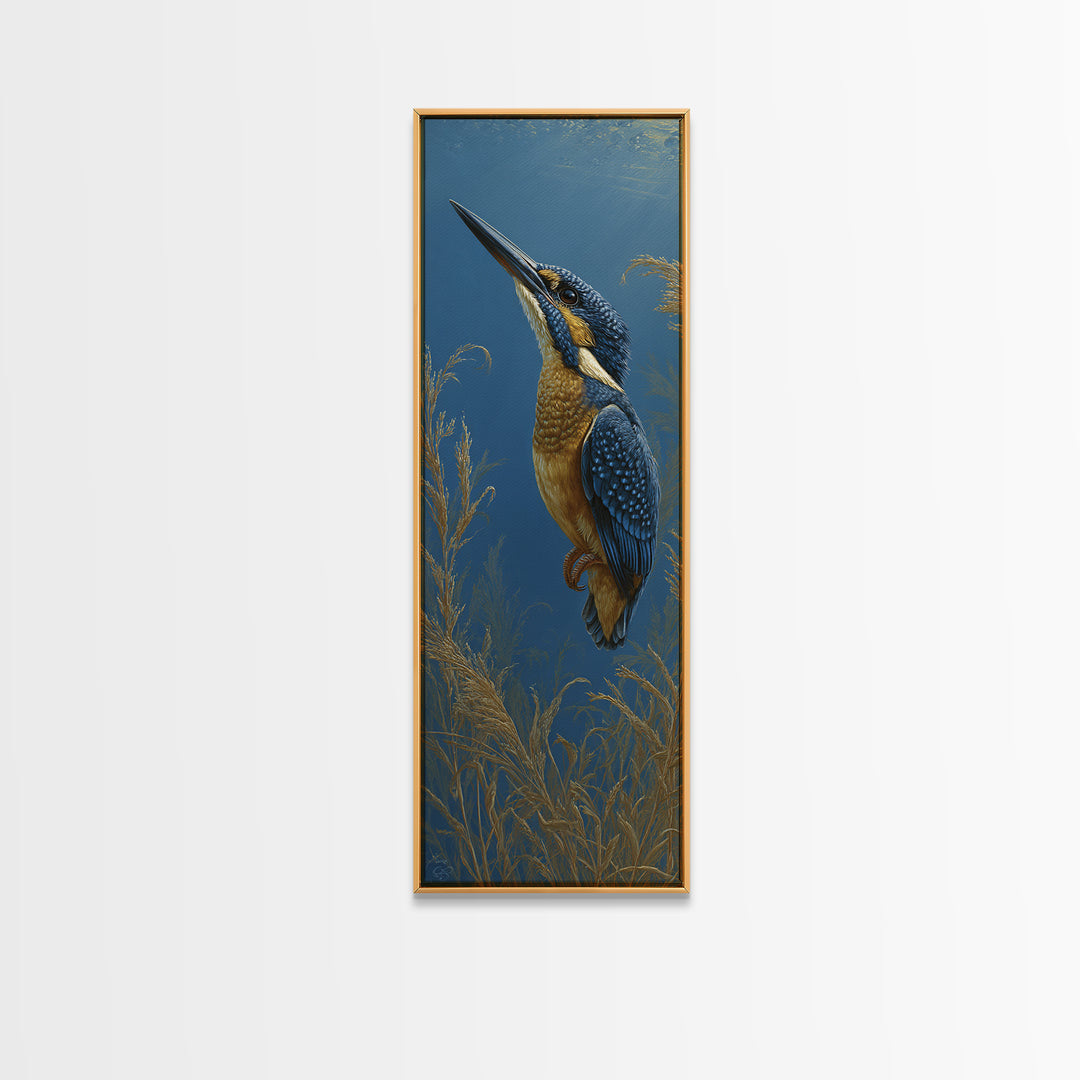 Kingfisher Diving Toward Blue Water Framed Canvas Print, Bird Art, Bird Prints, Living Room Decor, Flight, Modern Decor, BIR-1x3-71