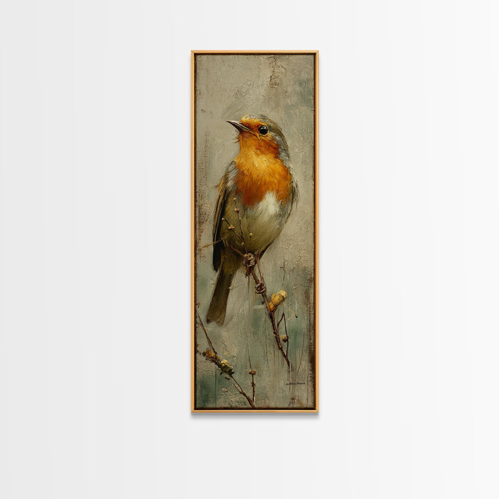 Robin in a Spring Garden with Soft Framed Canvas Print, Bird Art, Mid Century Wall Art, Living Room Decor, Oil Painting, Flight, BIR-1x3-75