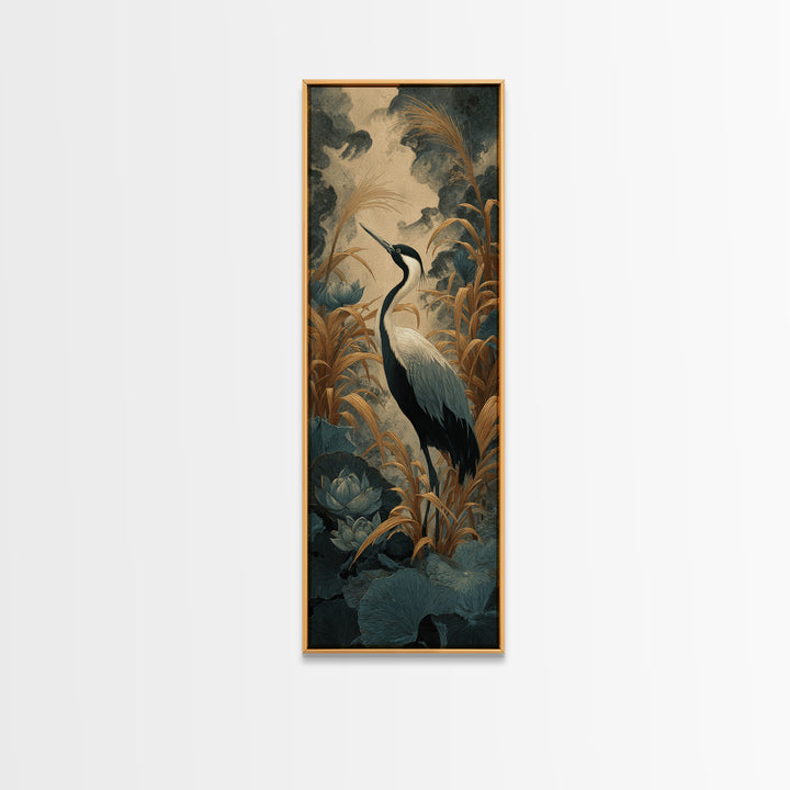 Crane and Lotus Composition Canvas Print, Bird Art, Art Print, Living Room Decor, Fine Art, Flight, Original Art, Digital Print, BIR-1x3-77