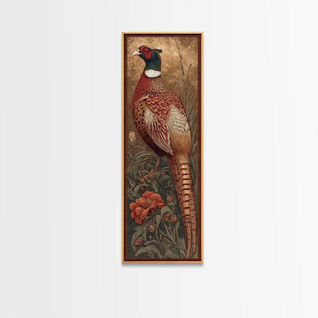Pheasant with Ornate Feather Details Framed Canvas Print, Bird Art, Modern Art, Living Room Decor, Fine Art, Flight, Floral Art, BIR-1x3-79