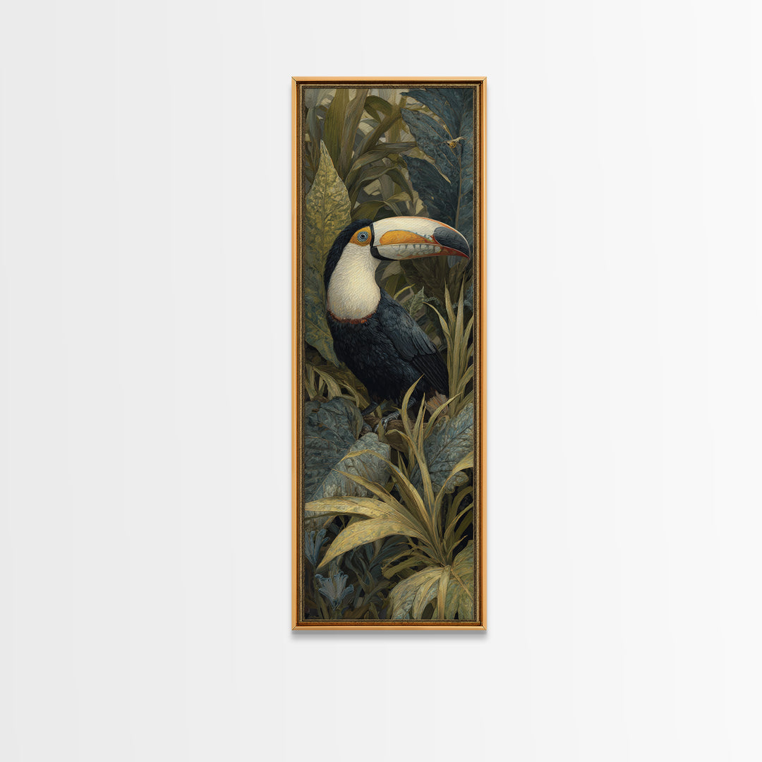Toucan Framed by Bold Jungle Foliage Framed Canvas Print, Bird Art, Botanical Wall Art, Living Room Decor, Fine Art, Flight, BIR-1x3-83