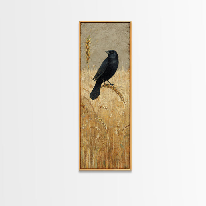 Blackbird on Gold Wheat Field Framed Canvas Print, Bird Art, Printable Art, Living Room Decor, Flight, Mid Century Wall Art, BIR-1x3-84