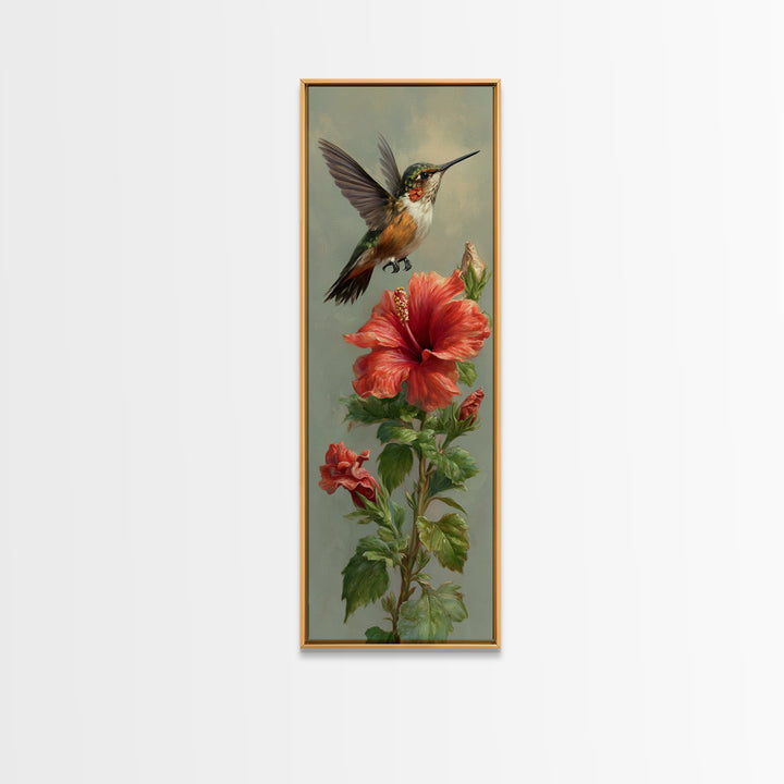 Hummingbird Hovering Beside Bright Hibiscus Canvas Print, Bird Art, Living Room Decor, Fine Art, Flight, Rustic Home Decor, BIR-1x3-88