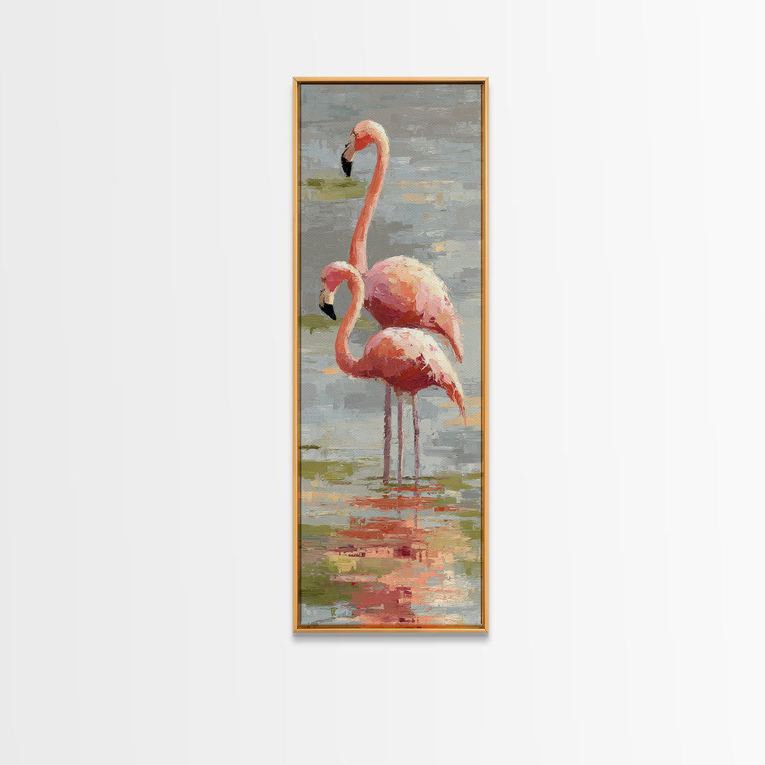 Flamingo Pair in Coral Water Reflections Canvas Print, Bird Art, Fine Art Print, Living Room Decor, Fine Art, Flight, BIR-1x3-94