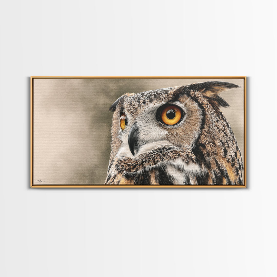 Owl Portrait with Wise Golden Eyes Framed Canvas Print, Bird Art, Home Decor, Living Room Decor, Flight, Modern Wall Art, BIR-2x1-1