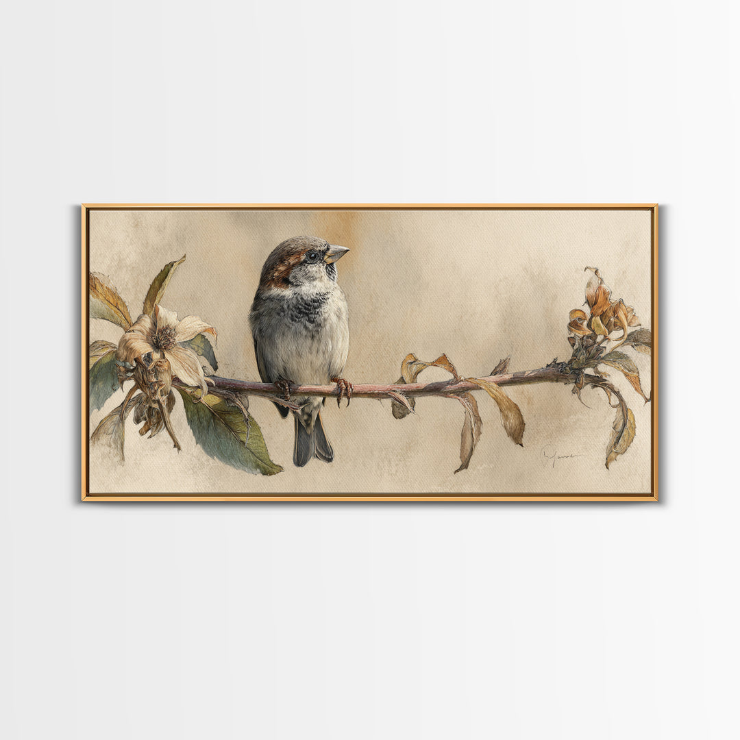 Small Sparrow on Wildflower Stem Framed Canvas Print, Bird Art, Art Print, Living Room Decor, Watercolor Art, Flight, BIR-2x1-10