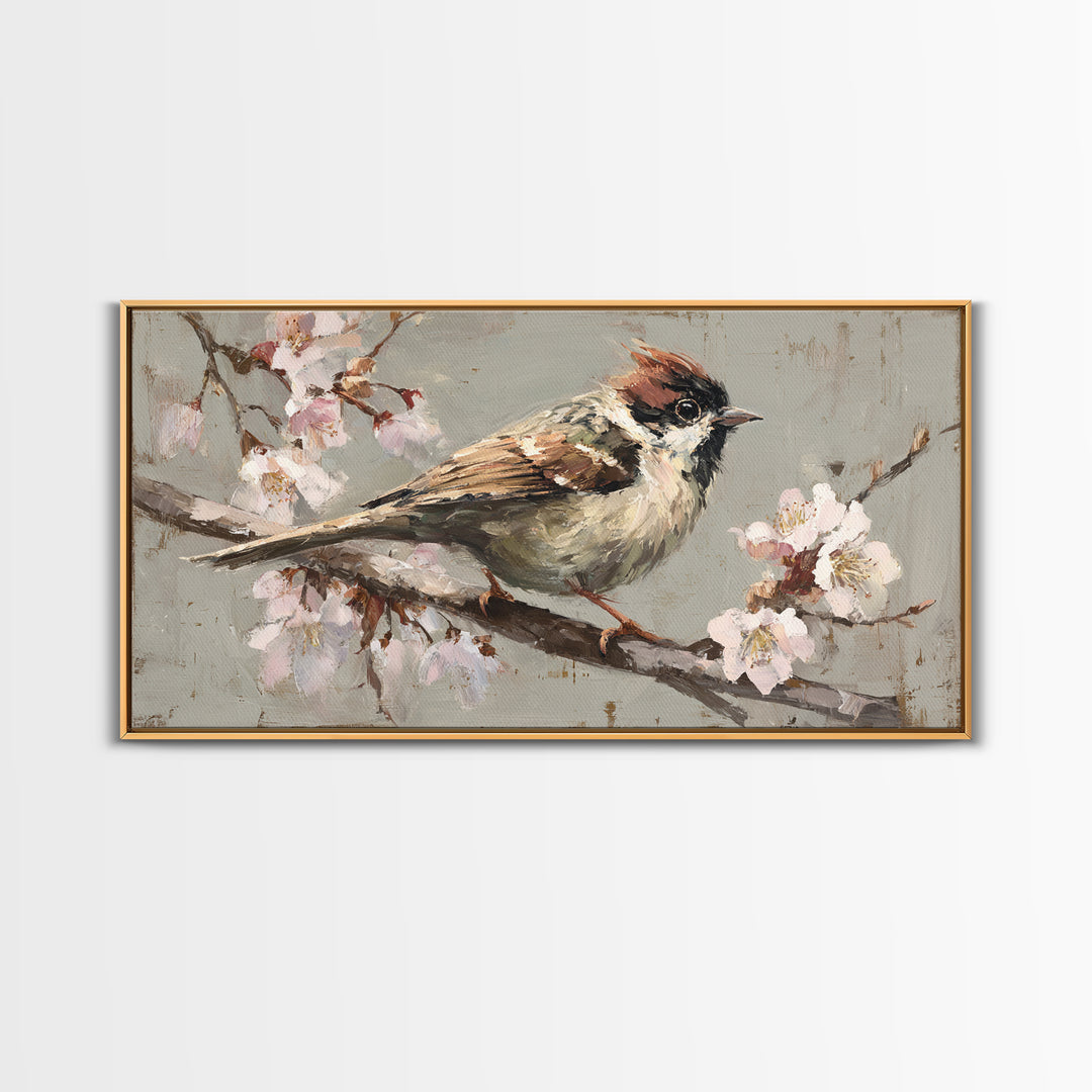 Songbird Perched on Cherry Blossoms Framed Canvas Print, Bird Art, Mid Century Wall Art, Living Room Decor, Fine Art, Flight, BIR-2x1-100