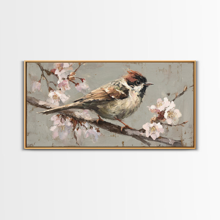 Songbird Perched on Cherry Blossoms Framed Canvas Print, Bird Art, Mid Century Wall Art, Living Room Decor, Fine Art, Flight, BIR-2x1-100