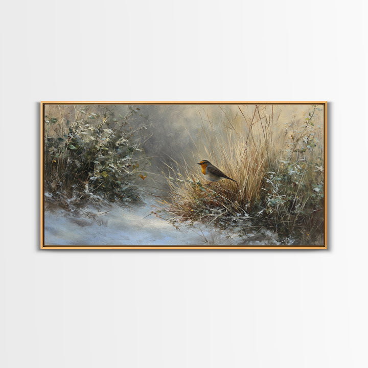 Robin in a Spring Garden with Soft Framed Canvas Print, Bird Art, Gallery Wall, Living Room Decor, Flight, Gallery Decor, BIR-2x1-11