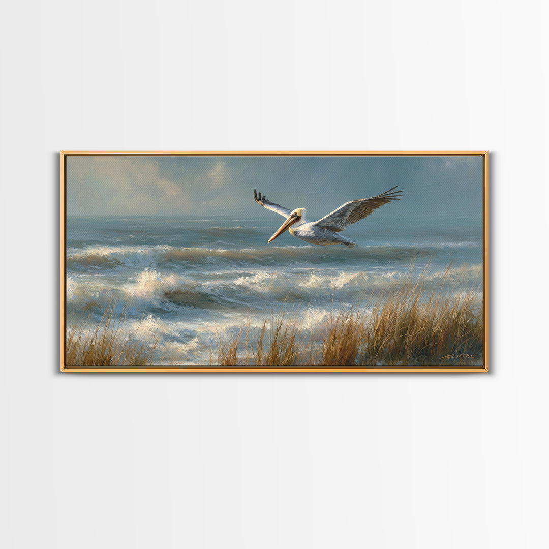 Pelican Flying over Coastal Waves Framed Canvas Print, Bird Art, Fine Art Print, Living Room Decor, Watercolor Art, Flight, BIR-2x1-14