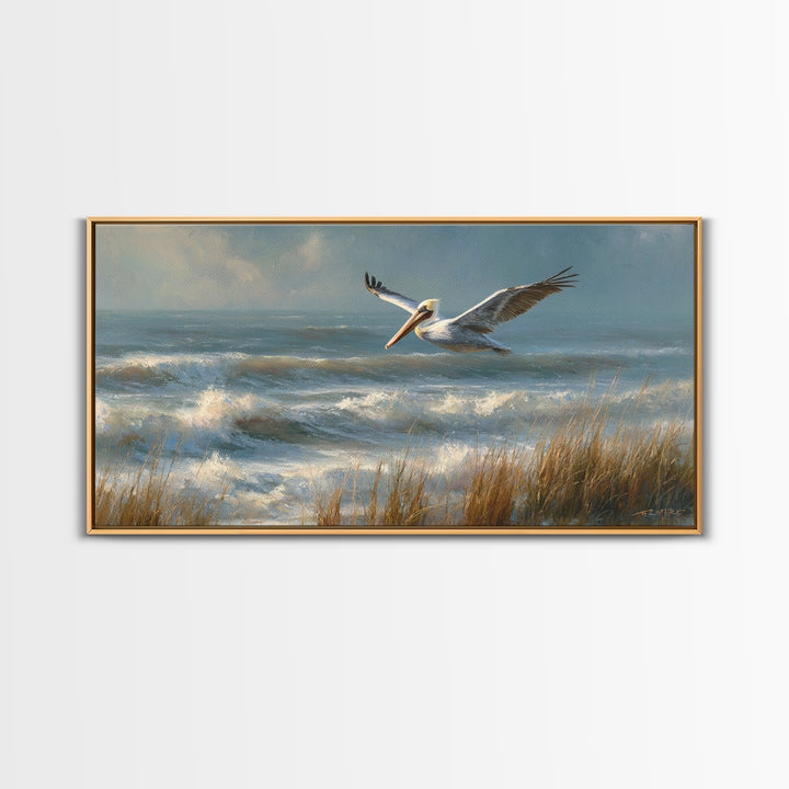 Pelican Flying over Coastal Waves Framed Canvas Print, Bird Art, Fine Art Print, Living Room Decor, Watercolor Art, Flight, BIR-2x1-14