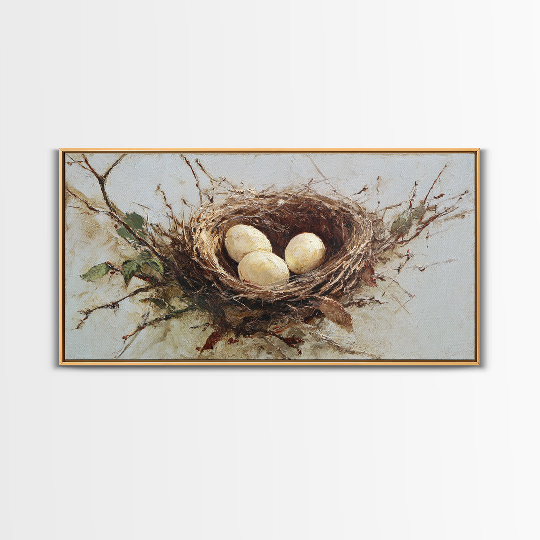 Bird Nest with Eggs and Delicate Twigs Framed Canvas Print, Bird Art, Statement Artwork, Living Room Decor, Fine Art, Flight, BIR-2x1-18