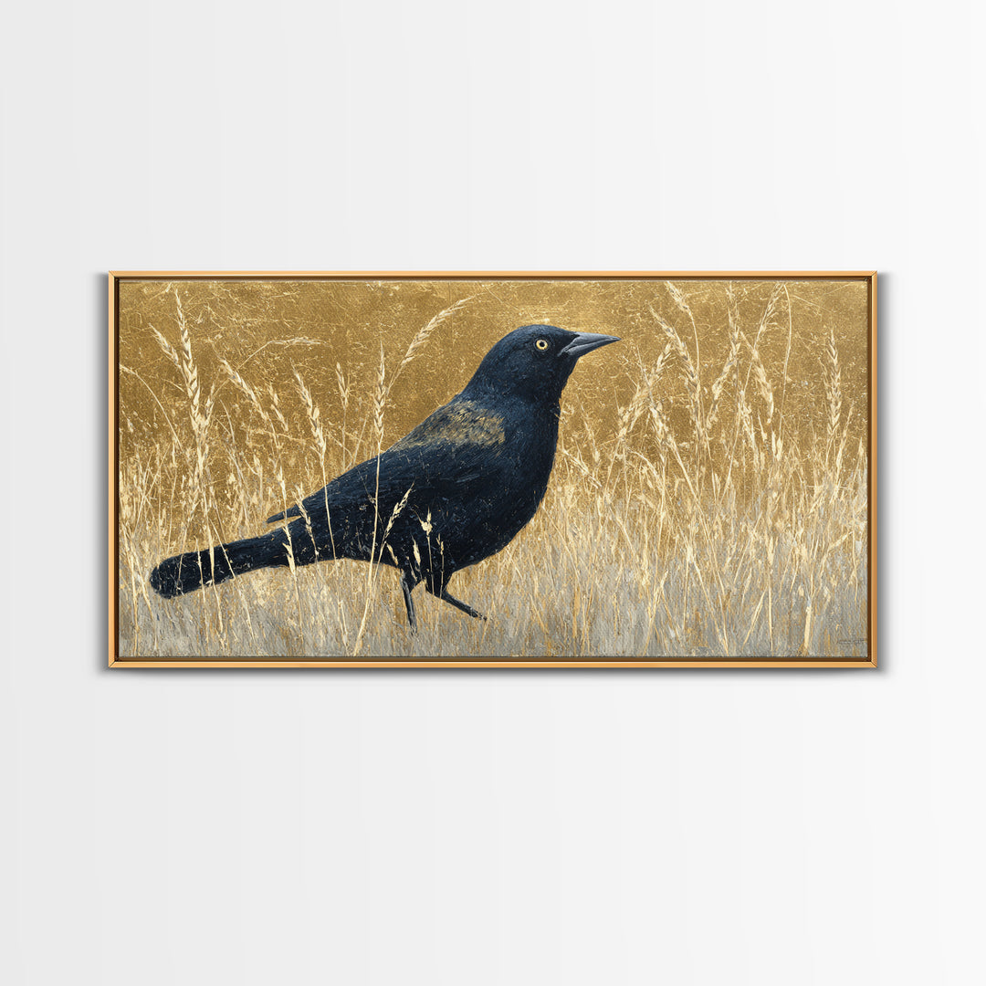 Blackbird on Gold Wheat Field Framed Canvas Print, Bird Art, Statement Artwork, Living Room Decor, Flight, Digital Prints, BIR-2x1-20
