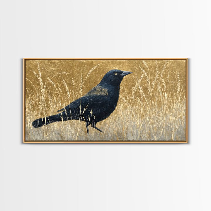 Blackbird on Gold Wheat Field Framed Canvas Print, Bird Art, Statement Artwork, Living Room Decor, Flight, Digital Prints, BIR-2x1-20