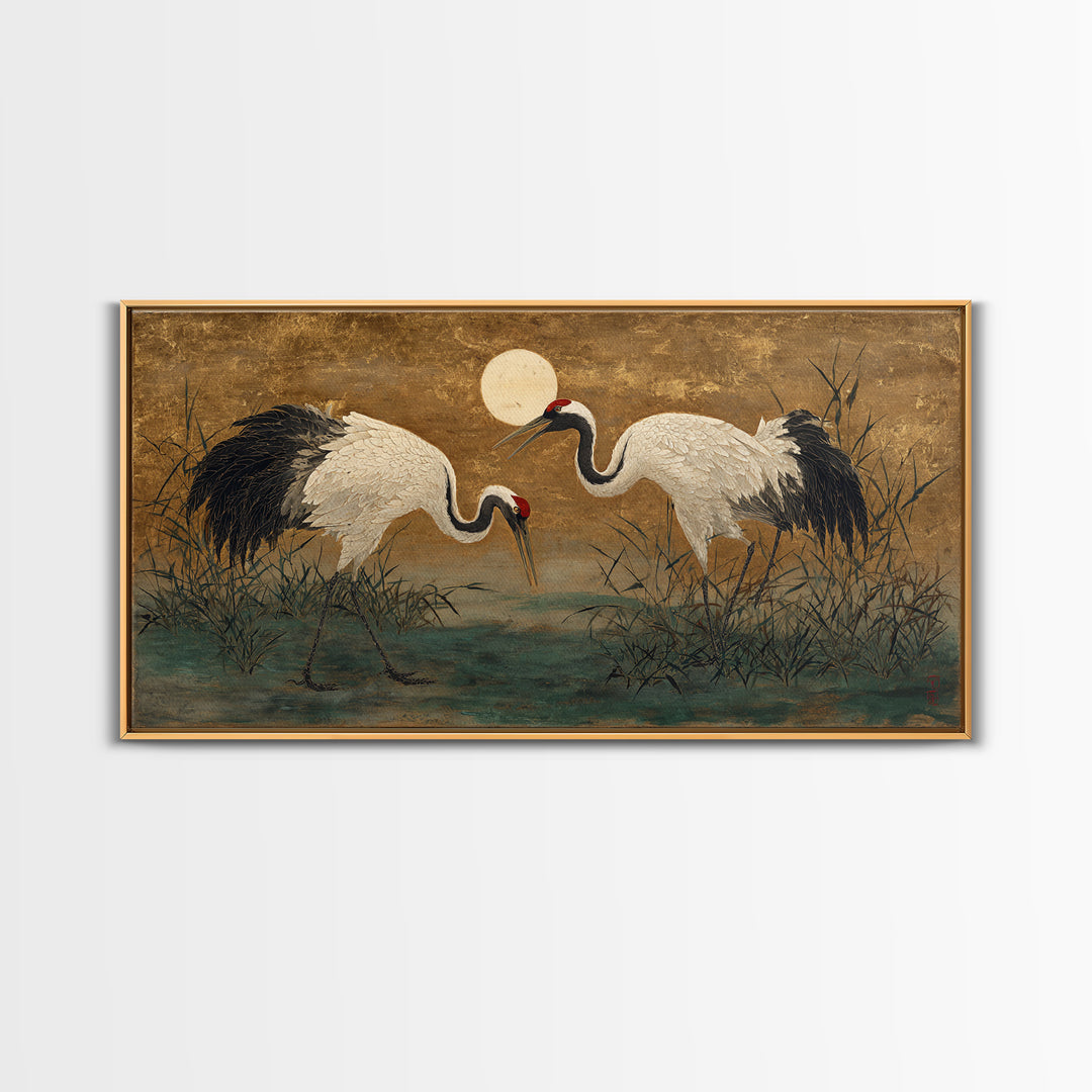 Pair of Cranes Dancing Framed Canvas Print, Bird Art, Art Deco, Living Room Decor, Watercolor Art, Flight, Gallery Wall, BIR-2x1-23