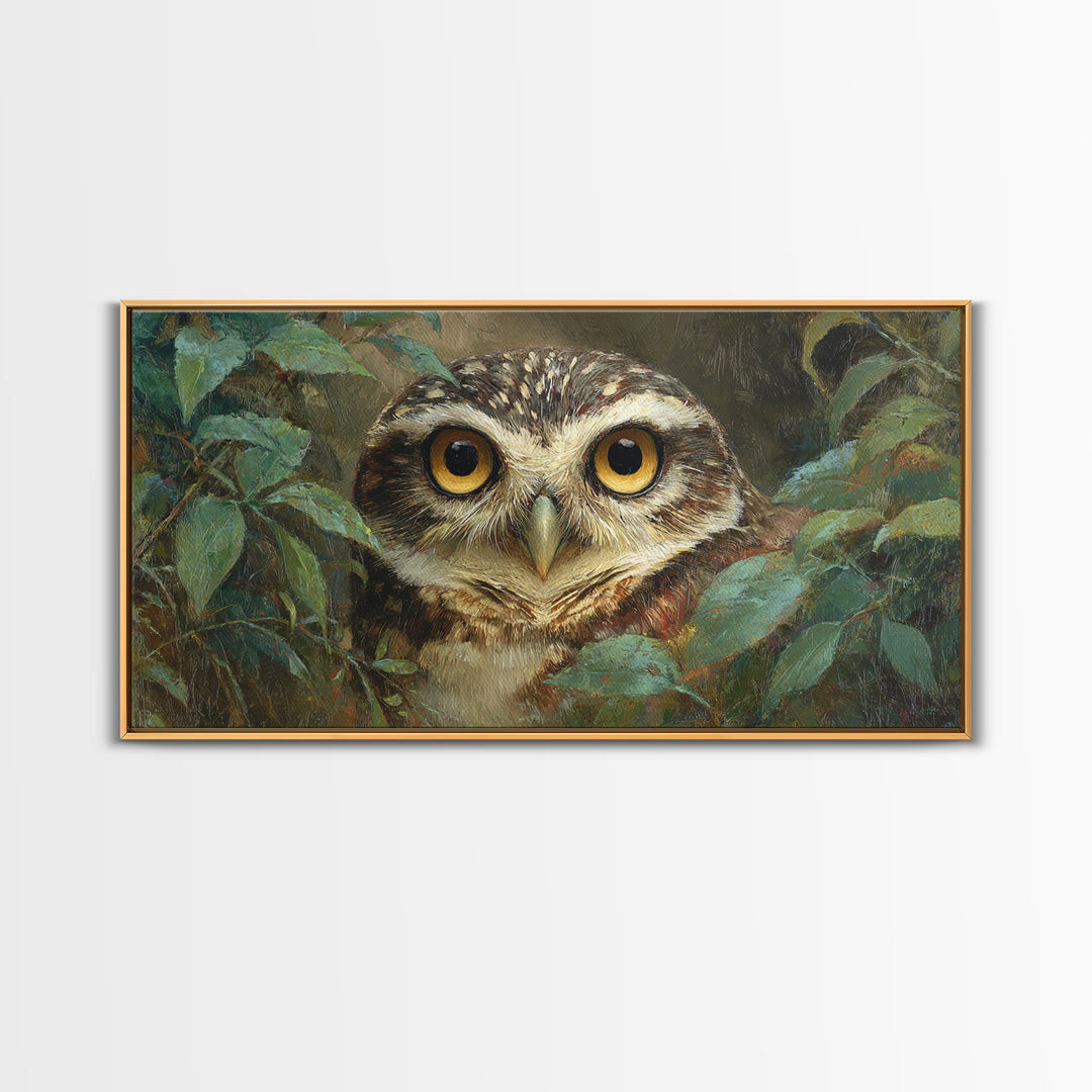 Owl Portrait with Wise Golden Eyes Framed Canvas Print, Bird Art, Home Decor, Living Room Decor, Flight, Modern Wall Art, BIR-2x1-25