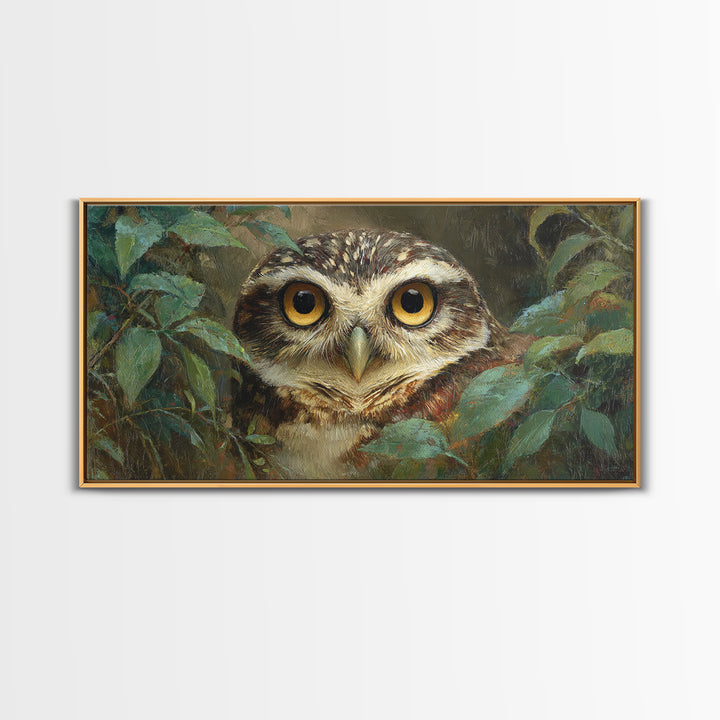 Owl Portrait with Wise Golden Eyes Framed Canvas Print, Bird Art, Home Decor, Living Room Decor, Flight, Modern Wall Art, BIR-2x1-25