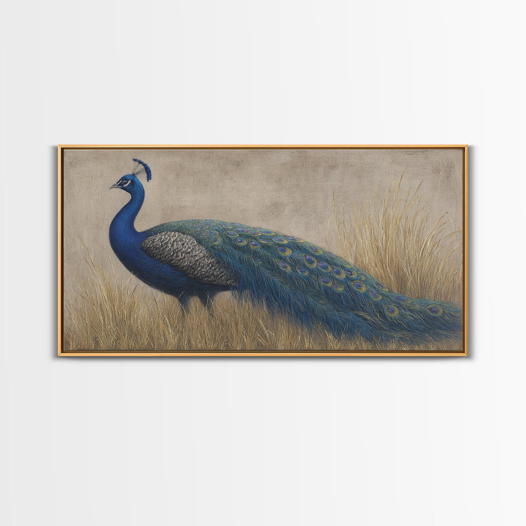 Peacock with Jewel Tone Feather Pattern Framed Canvas Print, Bird Art, Fine Art Print, Living Room Decor, Oil Painting, Flight, BIR-2x1-27