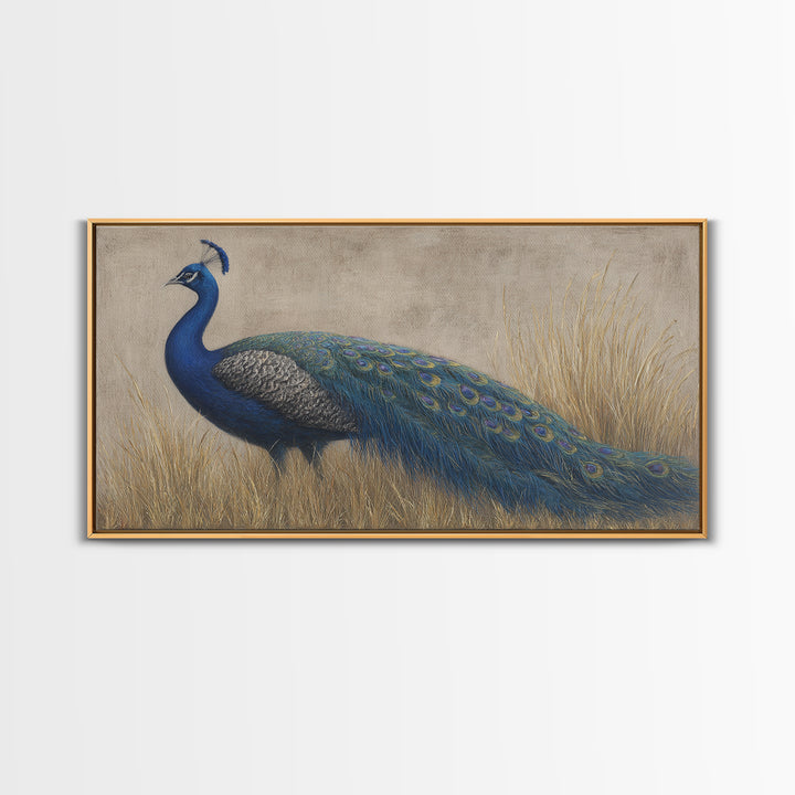 Peacock with Jewel Tone Feather Pattern Framed Canvas Print, Bird Art, Fine Art Print, Living Room Decor, Oil Painting, Flight, BIR-2x1-27