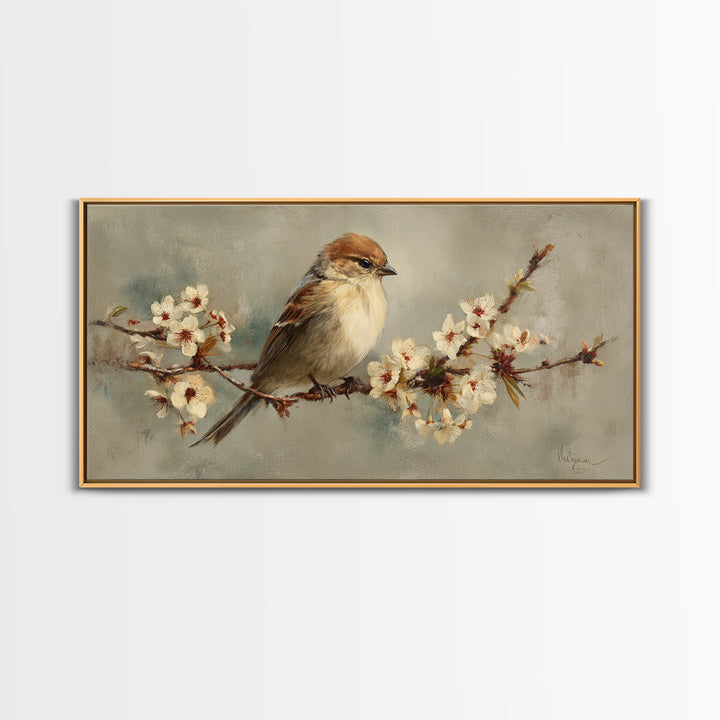 Songbird Perched on Cherry Blossoms Framed Canvas Print, Bird Art, Minimalist Decor, Living Room Decor, Fine Art, Flight, BIR-2x1-28