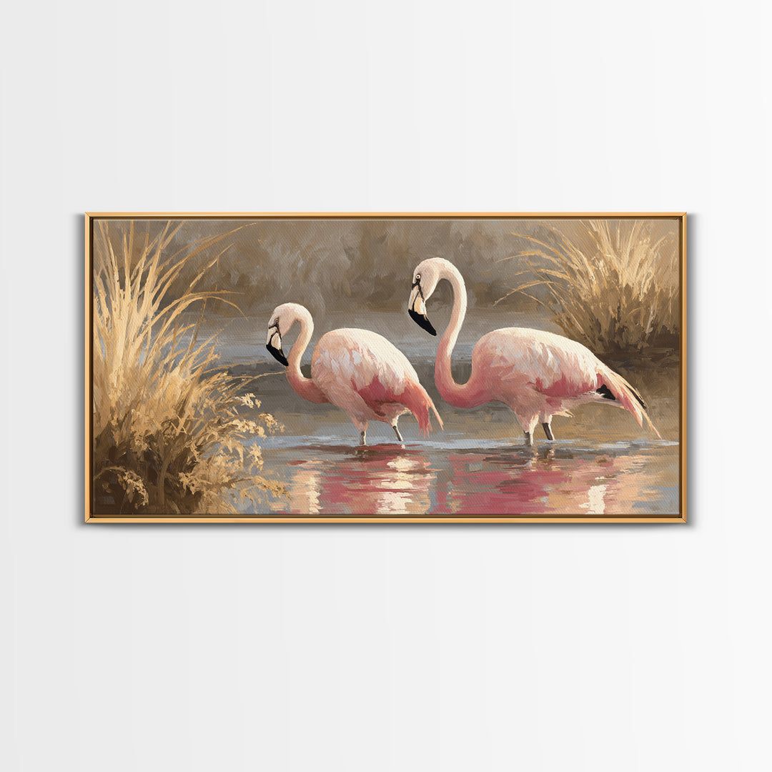 Flamingo Pair in Coral Water Reflections Framed Canvas Print, Bird Art, Luxury Decor, Living Room Decor, Fine Art, Flight, BIR-2x1-30
