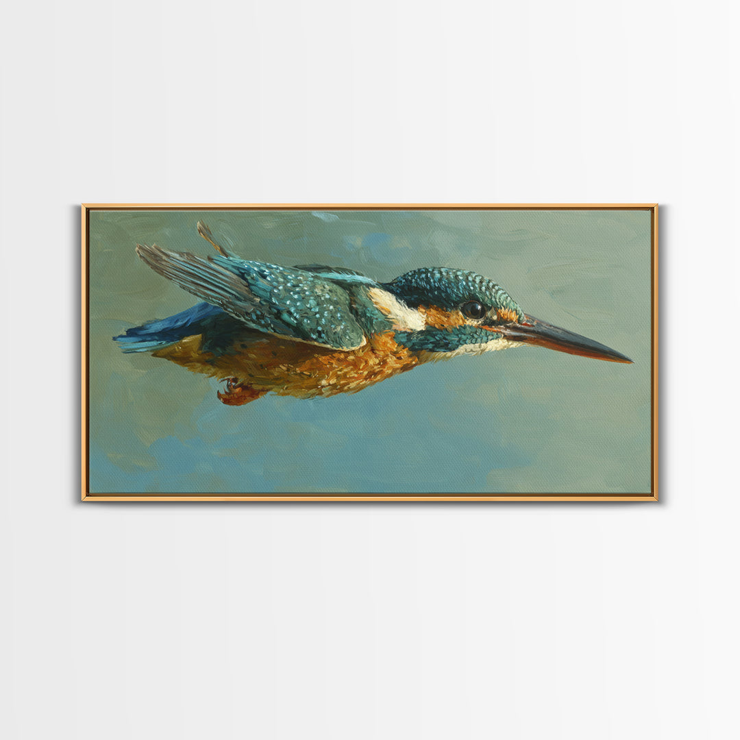 Kingfisher Diving Toward Blue Water Canvas Print, Bird Art, Digital Print, Living Room Decor, Fine Art, Flight, Bird Prints, BIR-2x1-31