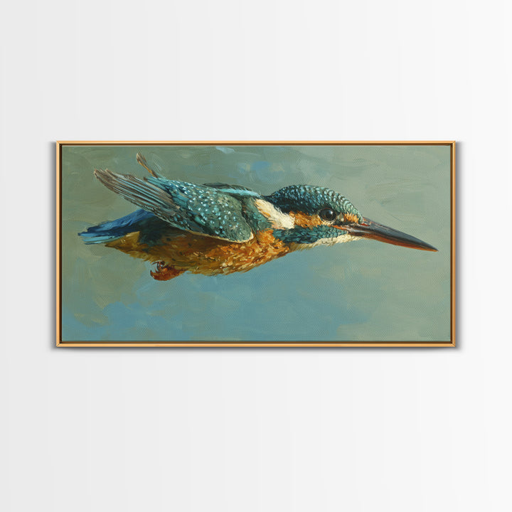 Kingfisher Diving Toward Blue Water Canvas Print, Bird Art, Digital Print, Living Room Decor, Fine Art, Flight, Bird Prints, BIR-2x1-31