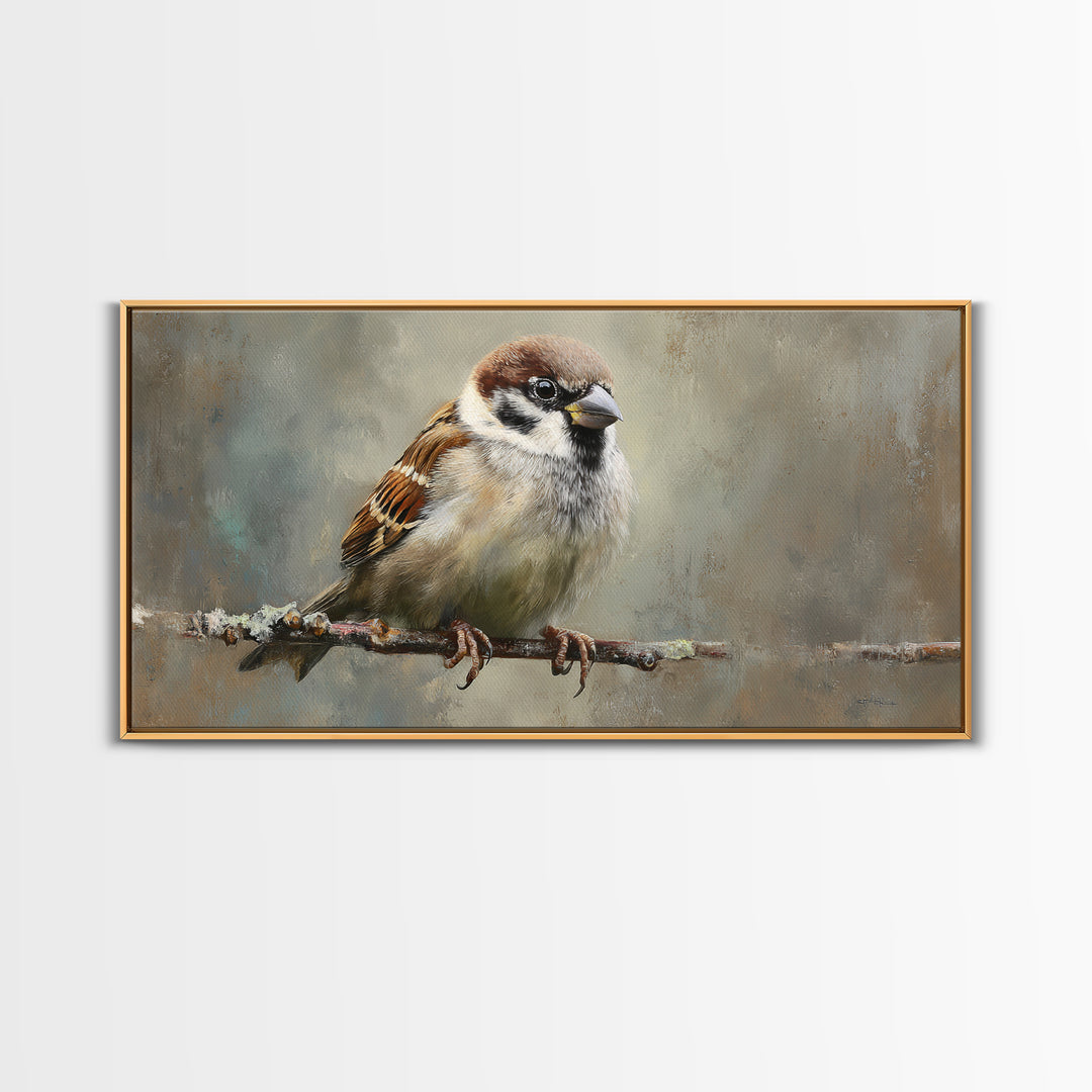 Small Sparrow on Wildflower Stem Framed Canvas Print, Bird Art, Art Print, Living Room Decor, Watercolor Art, Flight, BIR-2x1-34