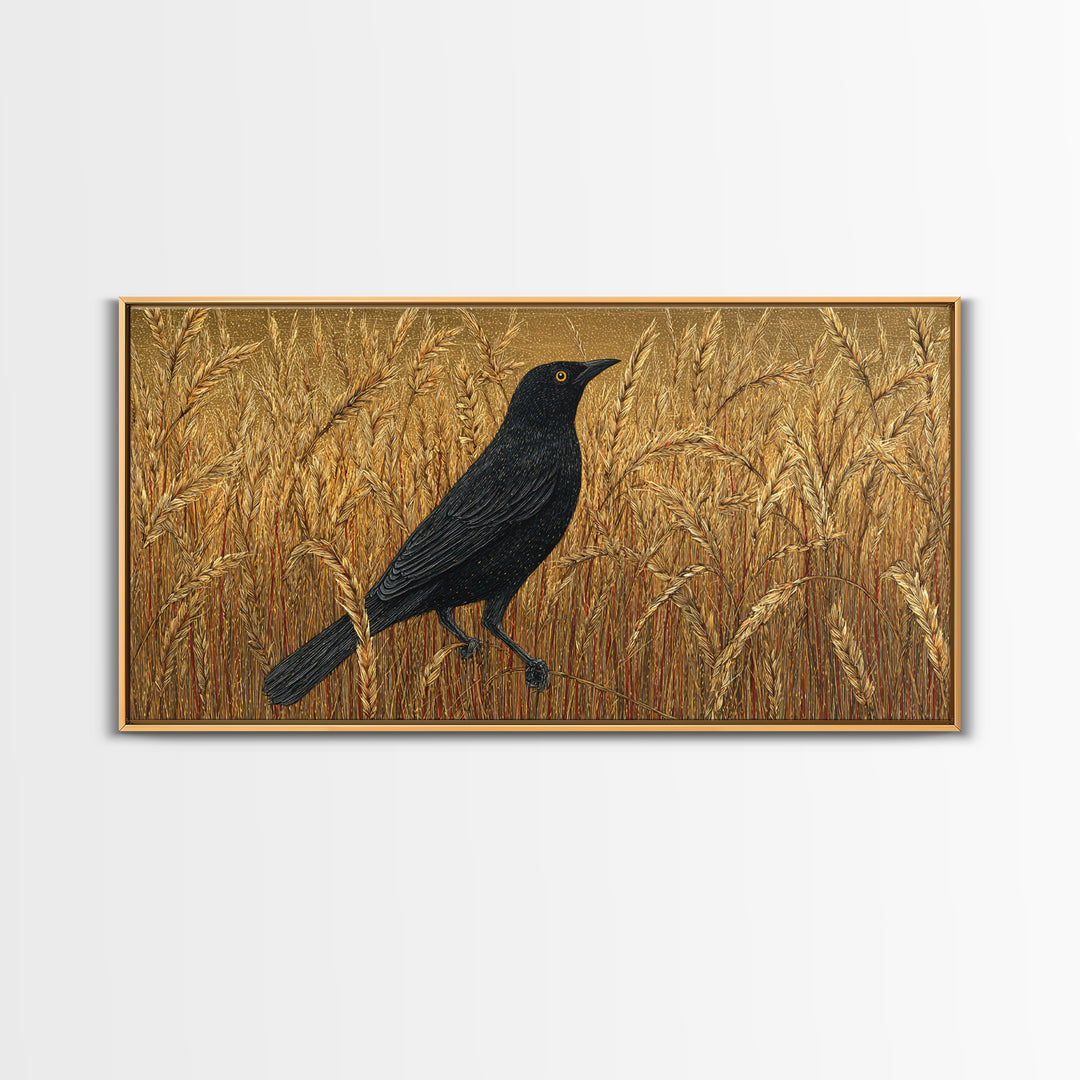 Blackbird on Gold Wheat Field Canvas Print, Bird Art, Textured Painting, Living Room Decor, Abstract Art, Flight, Printable Art, BIR-2x1-44