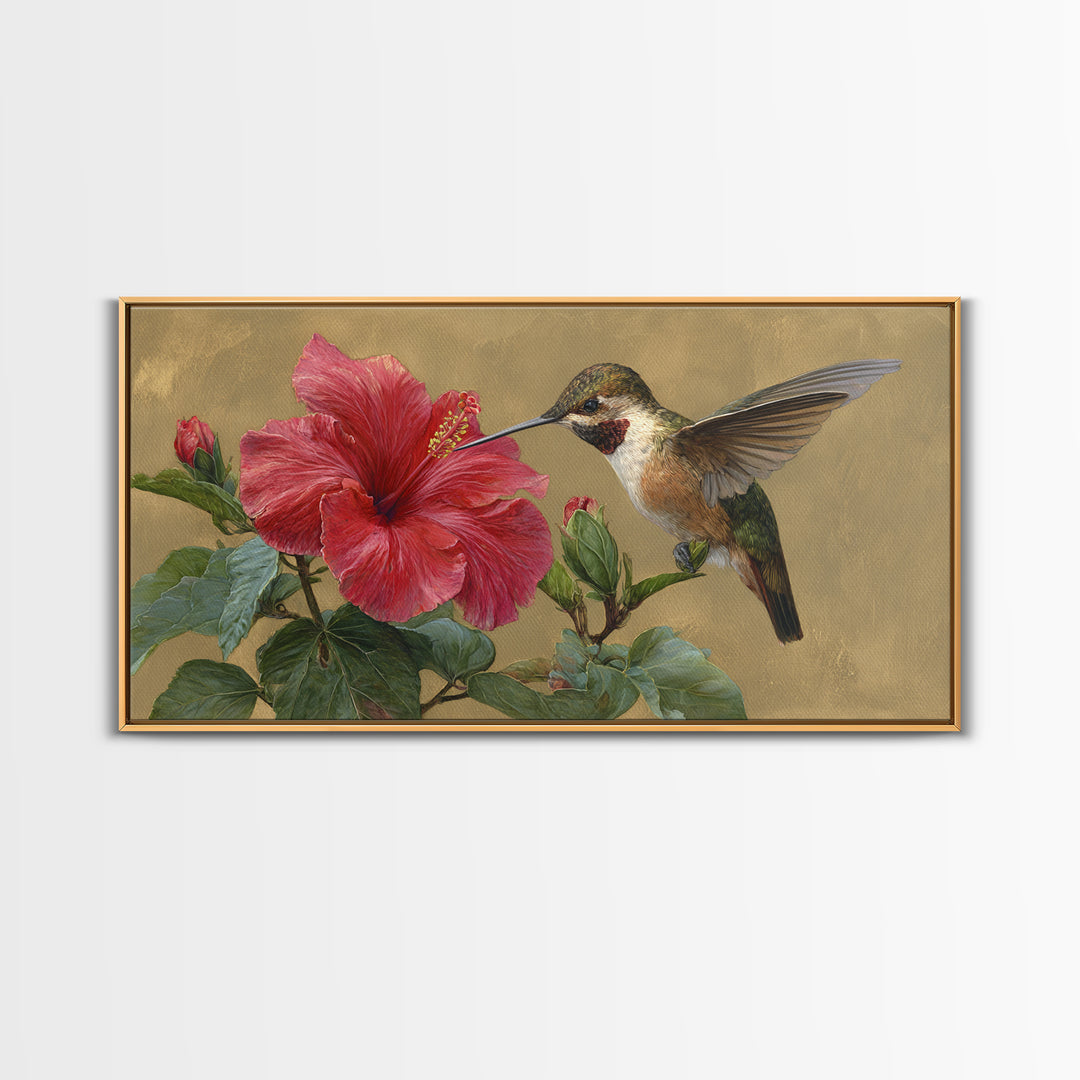 Hummingbird Hovering Beside Bright Hibiscus Canvas Print, Bird Art, Digital Prints, Living Room Decor, Fine Art, Flight, BIR-2x1-48