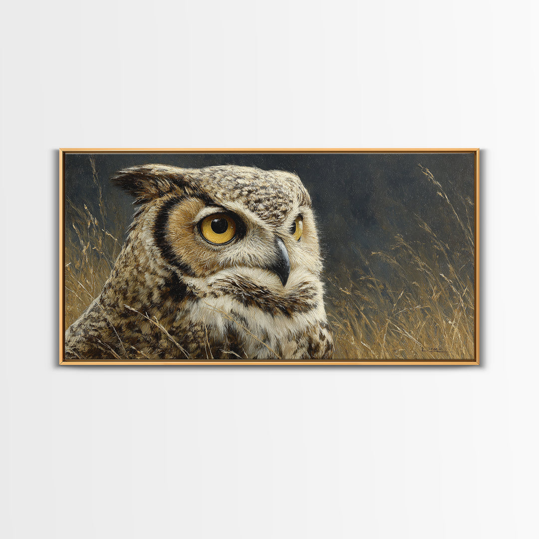 Owl Portrait with Wise Golden Eyes Canvas Print, Bird Art, Original Art, Living Room Decor, Fine Art, Flight, Mcm Decor, BIR-2x1-49