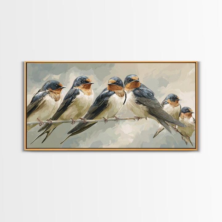 Flock of Swallows Sweeping Across Open Sky Framed Canvas Print, Bird Art, Minimalist Decor, Living Room Decor, Fine Art, Flight, BIR-2x1-50